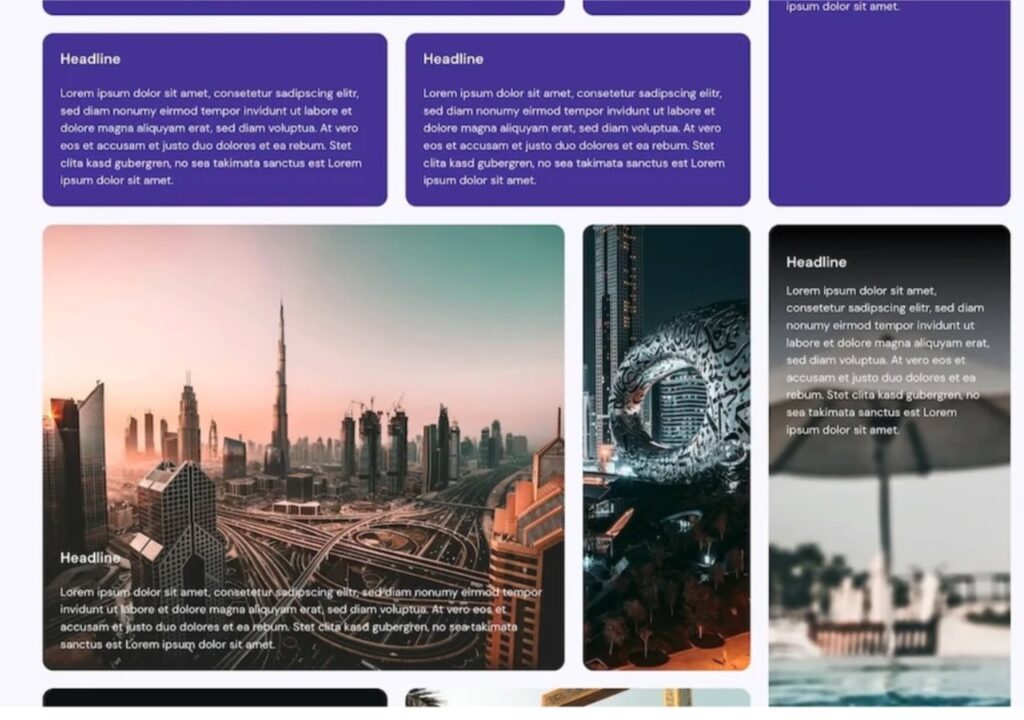 Screenshot einer Seite mit Platzhalter Texten und Grid Layout