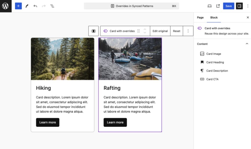 Screenshot aus dem WordPress Backend eines Synced Patterns